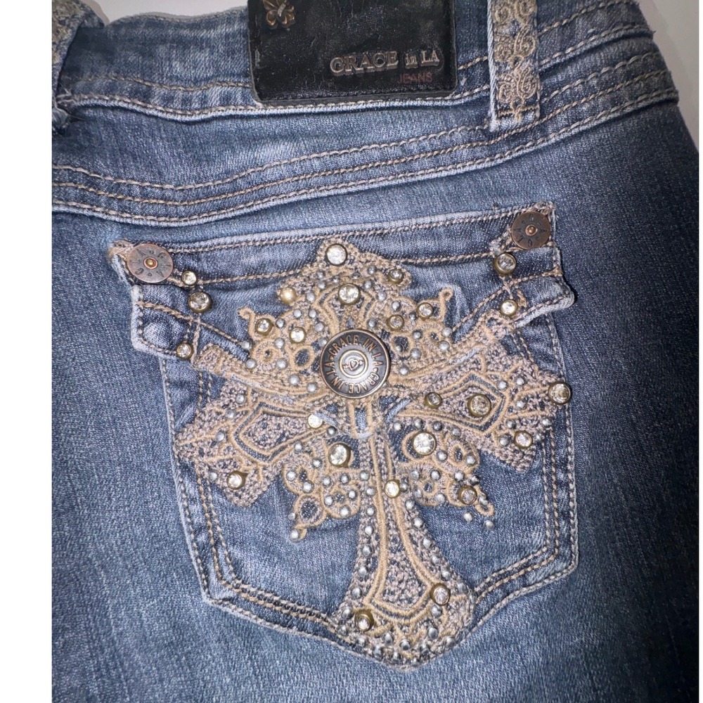 Grace in LA Womens Bootcut Jeans Blue Rhinestone Cross Distressed Size 11/29 - Picture 7 of 10